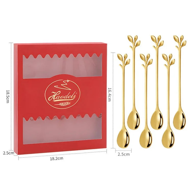 6PCS / Set Stainless Steel Gold Leaf Coffee Spoon 16.4cm Ice-Cream Tea Stirring Spoons for Tea, Coffee