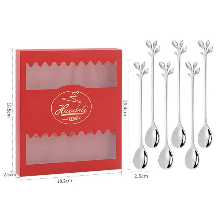 6PCS / Set Stainless Steel Leaf Shape Silver Dessert Spoons for Coffee Ice Cream Cake Teaspoon Set