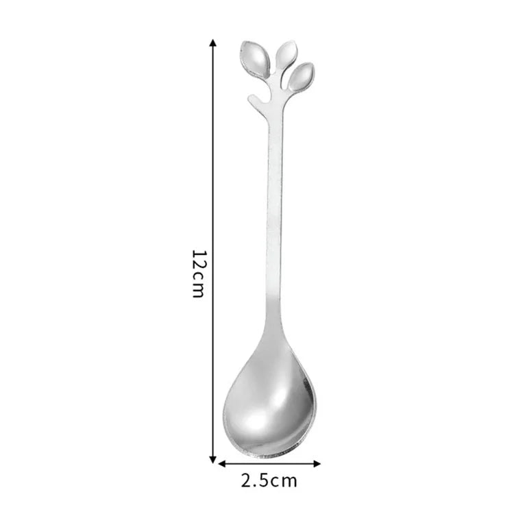 10Pcs 12cm Leaf Design Stainless Steel Fruit Dessert Spoon / Fork, Silver (BPA Free, No FDA)