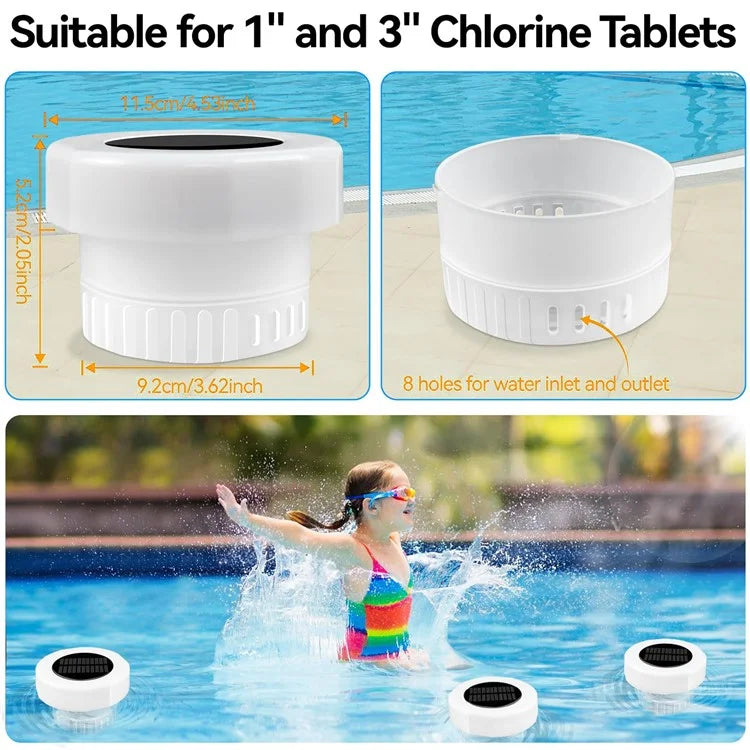 2Pcs Pool Chlorine Floater with Solar Light Floating Chlorine Dispenser Fits for 1-inch and 3-inch Chlorine Tabs