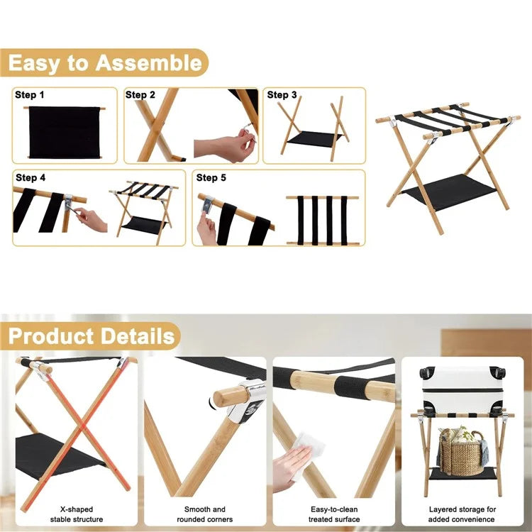 Portable Travel Hotel Luggage Rack Bamboo Foldable Double Layer Storage Rack