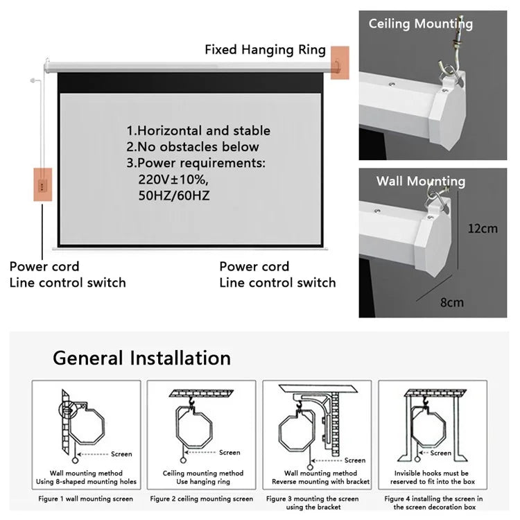 Auto Lifting 60-inch 4:3 RC HD Projection Screen Wall Mounted 3.6 Gain Metal Projection Screen for Home Theater, 220V EU Plug
