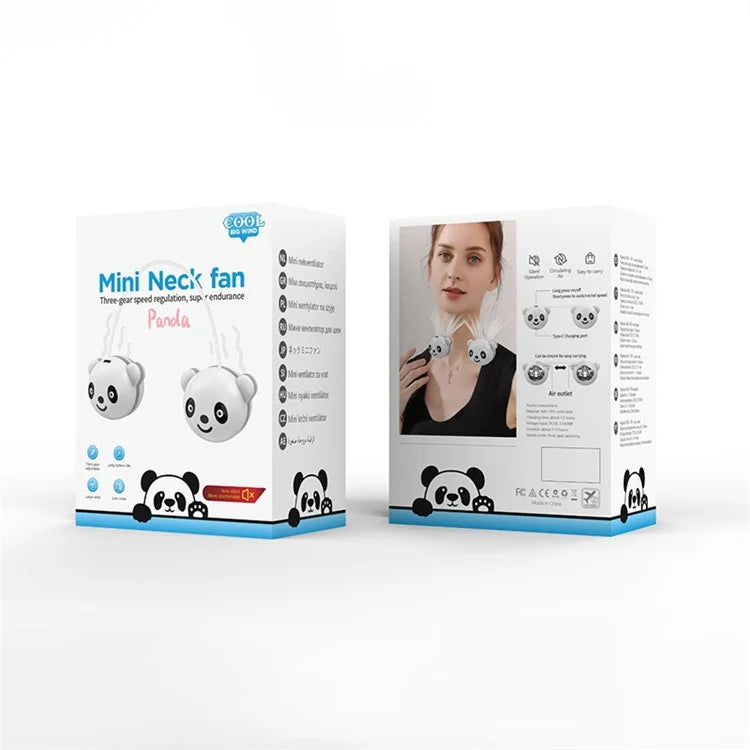 C16 Foldable Rechargeable Hanging Neck Fan Cute Panda Student Kids Fan Cooler+White Neckband