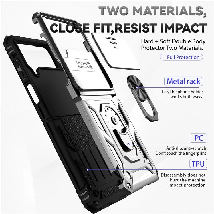 For Samsung Galaxy Z Flip4 5G Case PC+TPU Anti-fall Kickstand Phone Cover with Slide Lens Lid