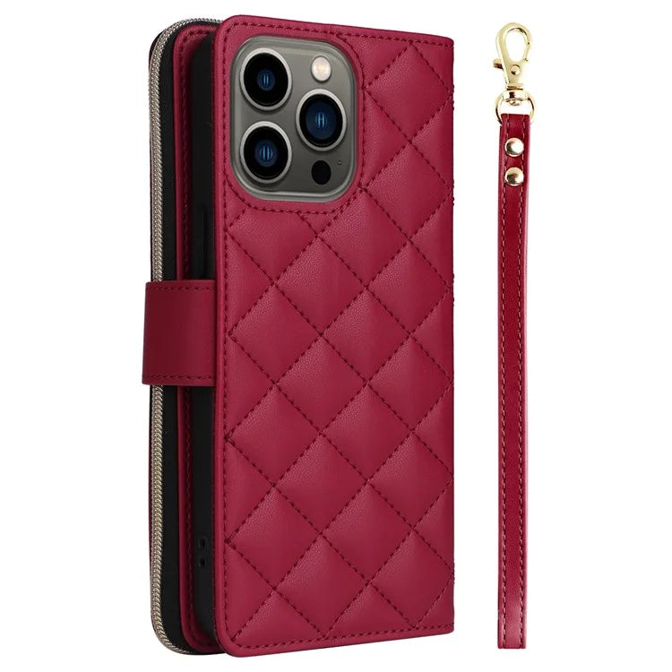 For iPhone 13 Pro Case Wallet PU Leather Rhombus Stand Anti-Fall Phone Cover