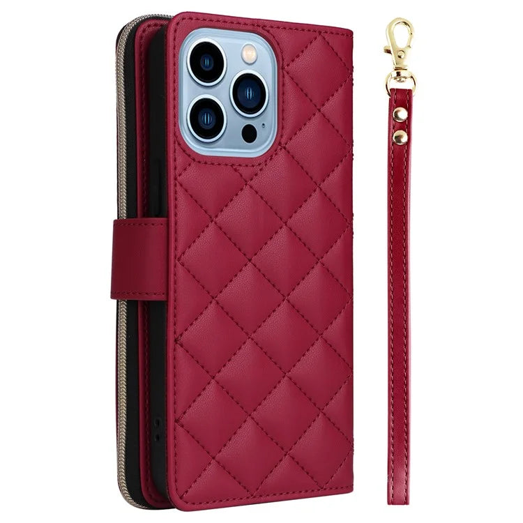 For iPhone 13 Pro Max Case PU Leather Rhombus Stand Anti-Drop Wallet Phone Cover