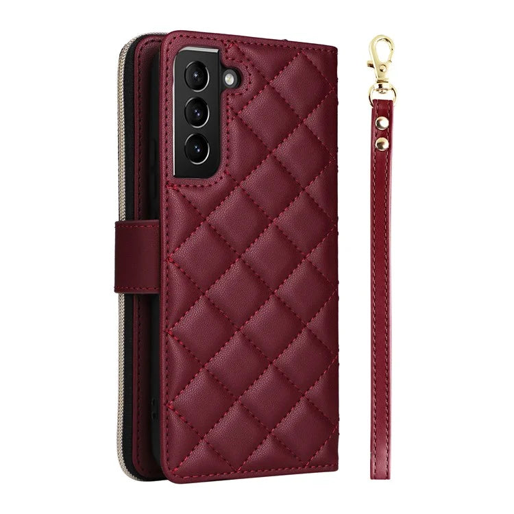 For Samsung Galaxy S21+ 5G Case Rhombus Leather Phone Cover with Zipper Pocket and Straps