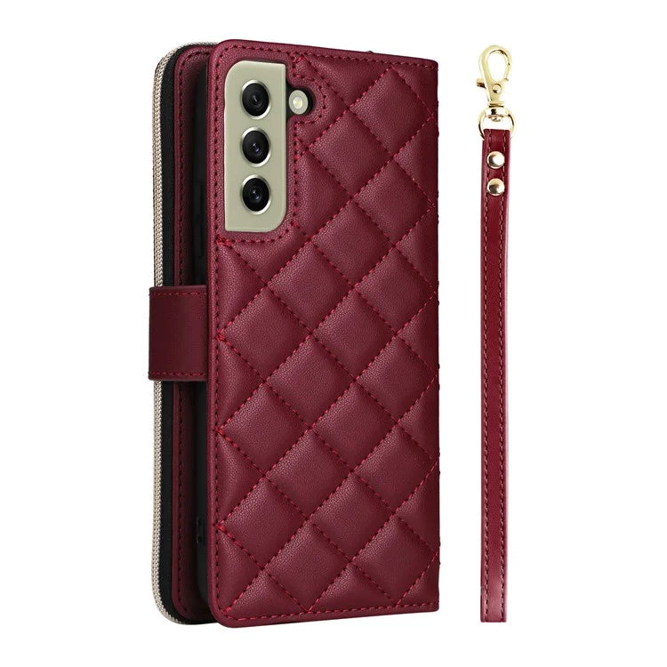 For Samsung Galaxy S21 FE 5G Case Rhombus PU Leather Wallet Zipper Phone Cover