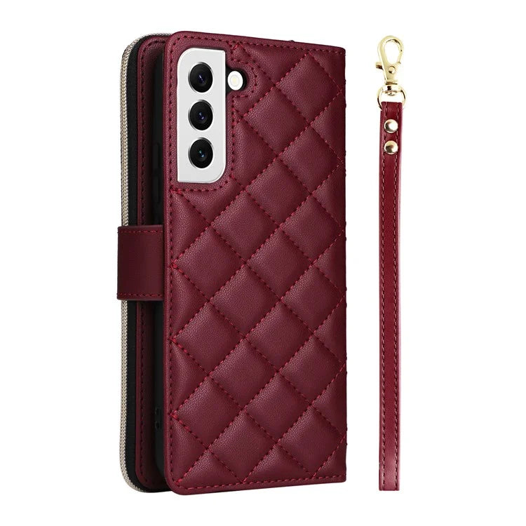 For Samsung Galaxy S22 5G Case Wallet Rhombus Grid Leather Phone Cover with Short / Long Straps