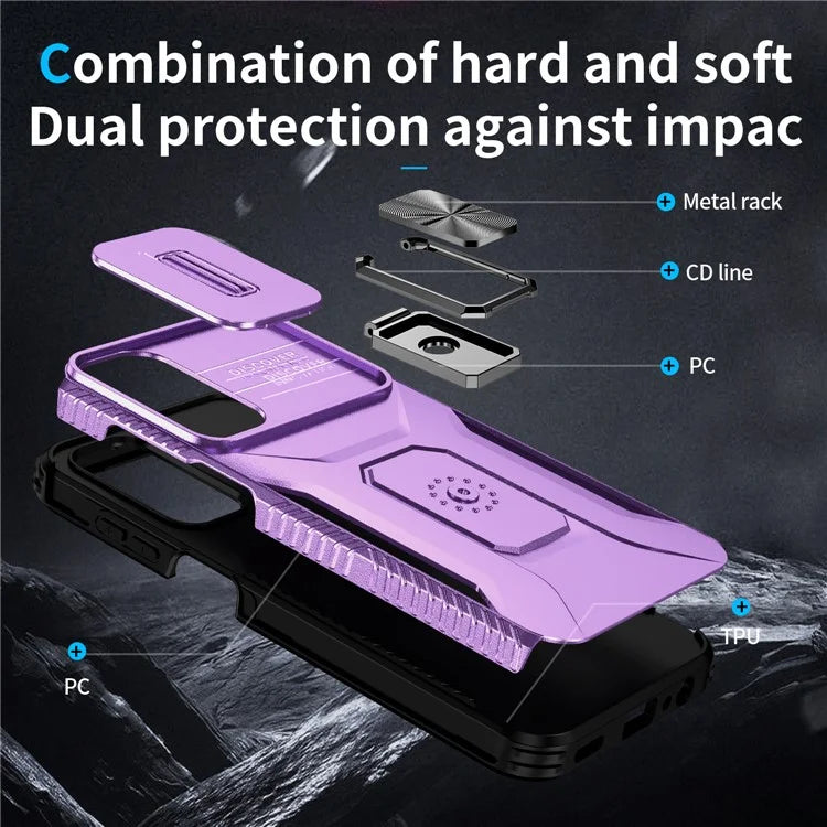 For Samsung Galaxy A15 5G Case Kickstand Slide Lens Lid TPU+PC Hybrid Phone Cover