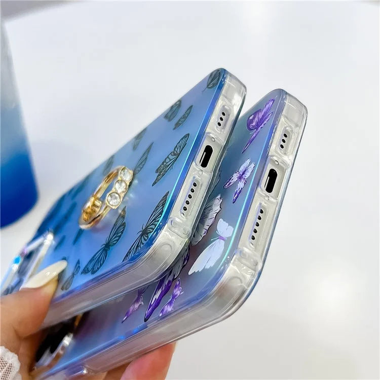 For iPhone 15 Pro Case Laser Texture Electroplating Butterfly Pattern Ring Kickstand Phone Cover