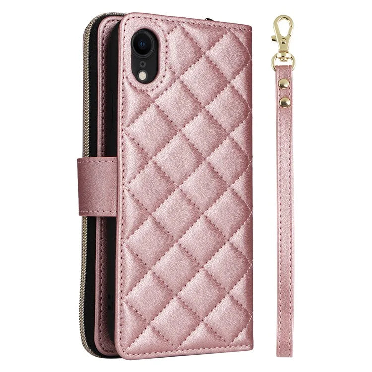 For iPhone XR Case Zipper Wallet Rhombus Leather Crossbody Phone Cover