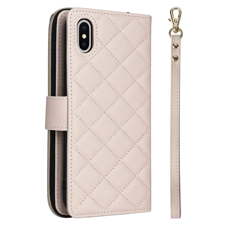 For iPhone X / XS Case Crossbody Leather Phone Cover Rhombus Grid Pattern