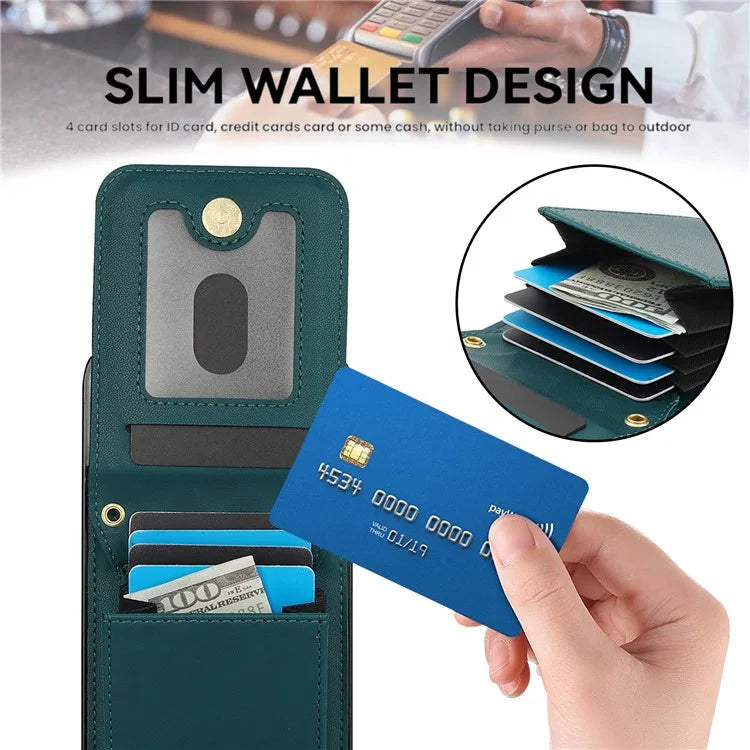 For iPhone 15 Pro Max Case Rhombus Leather + TPU Card Slots Phone Cover with Crossbody Strapish Green