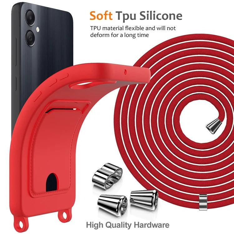 For Samsung Galaxy A05 4G Case Liquid Silicone Phone Cover with Card Slot, Long Strap