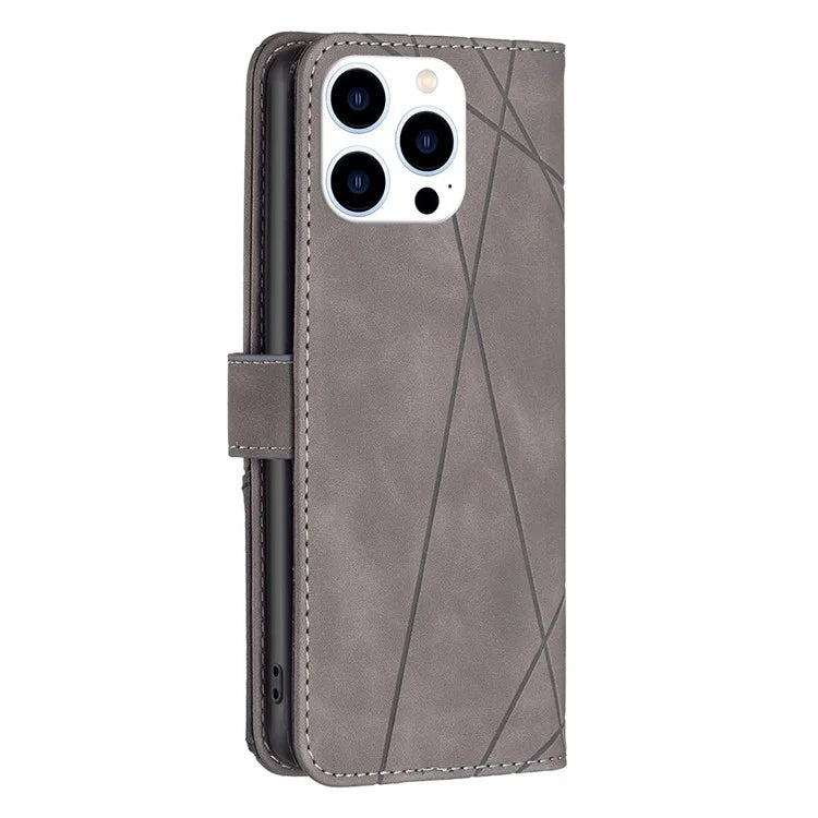 BINFEN COLOR BF05 For iPhone 16 Pro Case Leather Wallet Phone Cover Geometric Imprinted