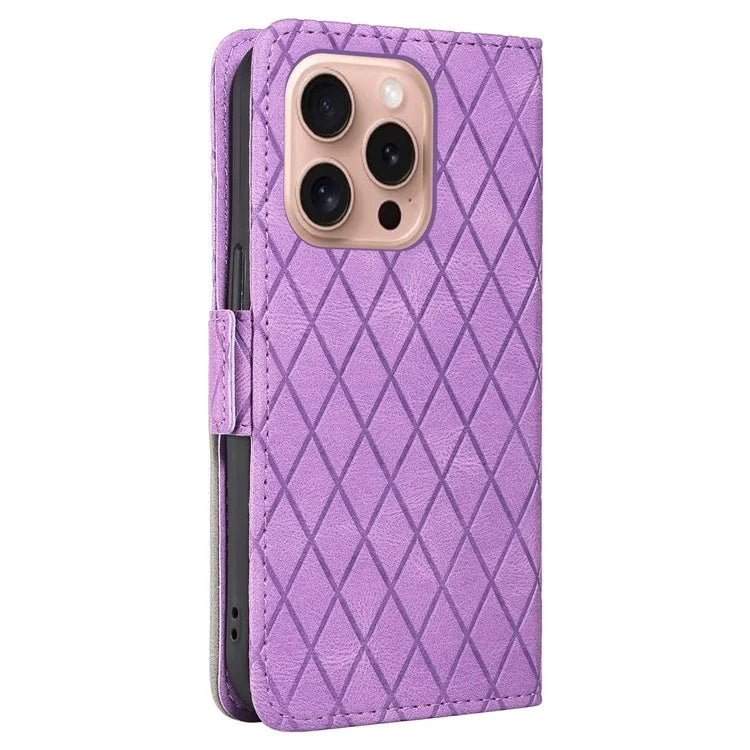 For iPhone 16 Pro Case Rhombus Grid PU Leather Wallet Mobile Phone Cover