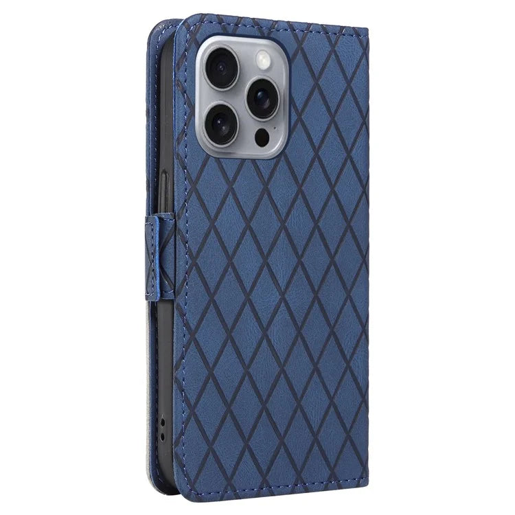 For iPhone 16 Pro Max Case PU Leather Wallet Phone Cover Rhombus Grid Imprinted
