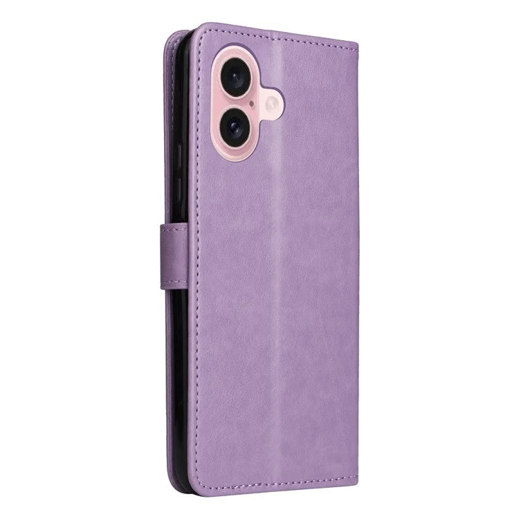 KT Imprinting Flower Series-4 For iPhone 16 Case Cat Bee Pattern Leather Cover with Strap