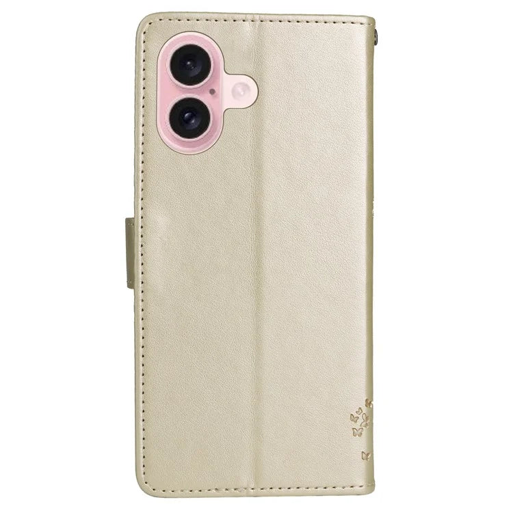 KT Imprinting Flower Series-3 For iPhone 16 Case Wallet Stand Leather Cover Cat Tree Pattern