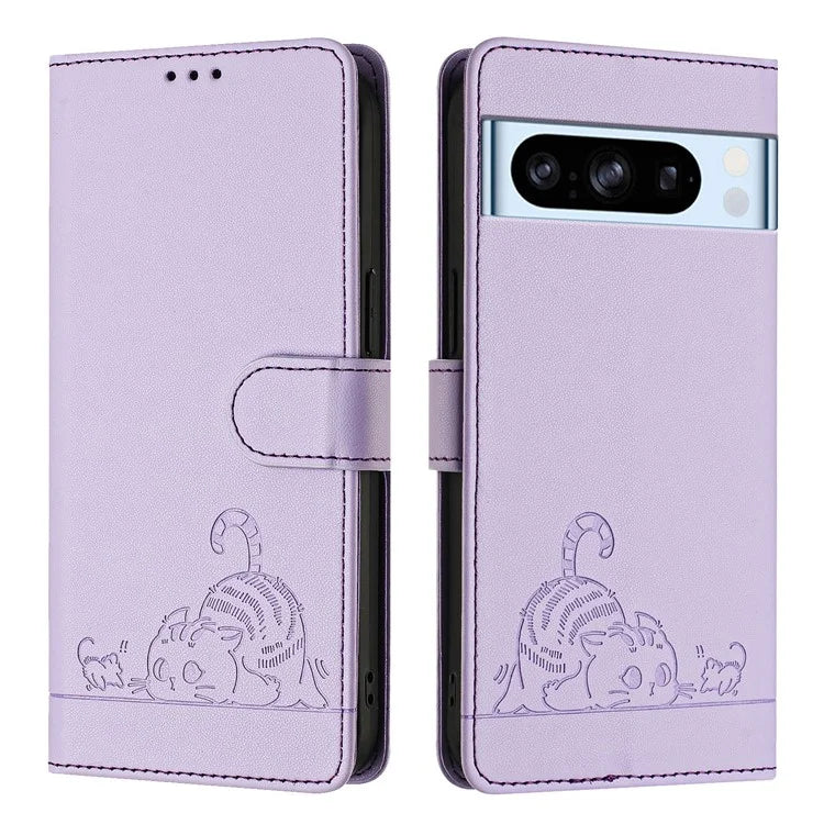 YB Imprinting Series-9 for Google Pixel 8 Pro Case Leather Folio Phone Cover Cat Mouse Pattern