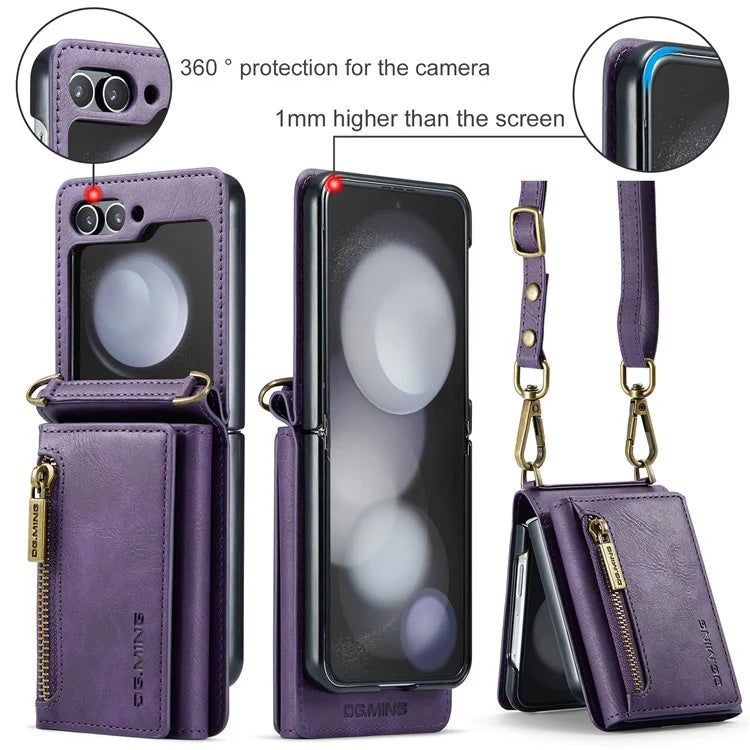 DG.MING M5 Series for Samsung Galaxy Z Flip5 5G Case Kickstand Zipper Wallet Leather+PC Phone Cover