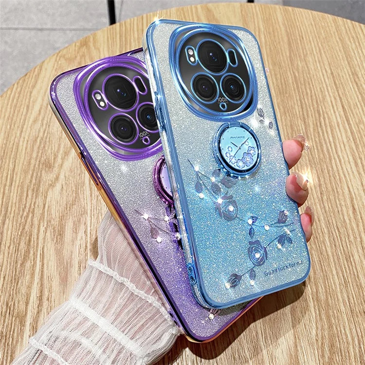 KADEM For Honor Magic6 Pro 5G Kickstand Case Floral Glitter Rhinestone TPU Phone Shell