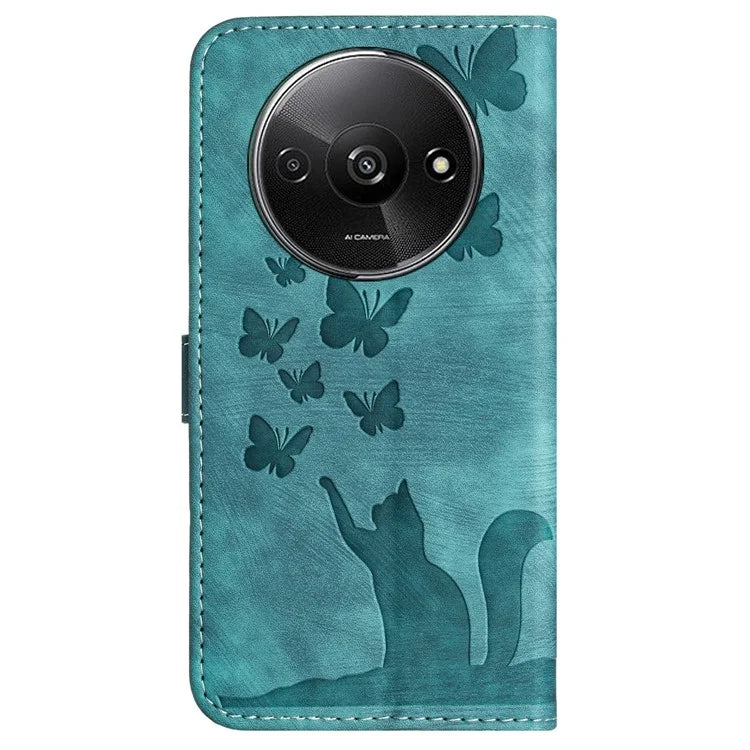 For Xiaomi Redmi A3 / Poco C61 4G Case PU Leather Phone Cover Butterfly Cat Pattern