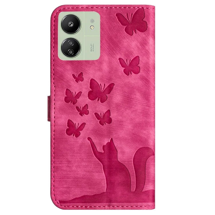 For Xiaomi Redmi 13C 4G / 5G / 13R 5G / Poco M6 5G / Poco C65 4G Case Cat Butterfly Imprinted Leather Magnetic Clasp Phone Cover