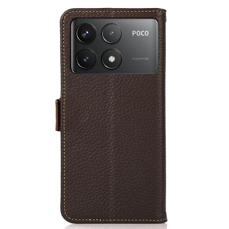 KHAZNEH For Xiaomi Poco F6 Pro 5G / Redmi K70 5G / K70 Pro 5G Case RFID Blocking Genuine Cow Leather Cover Lychee Pattern