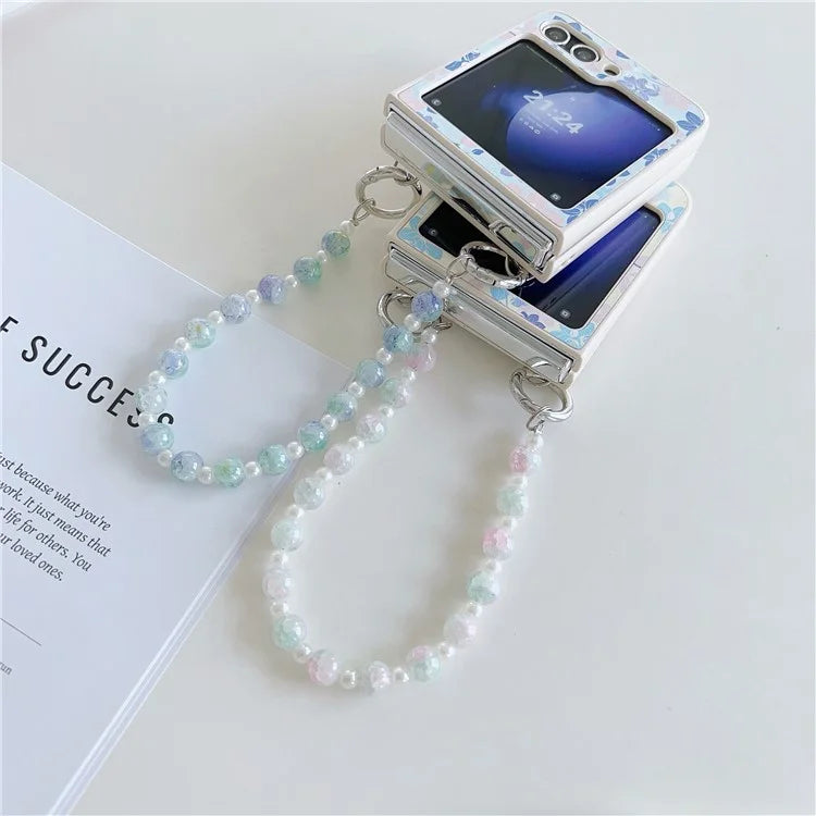 For Samsung Galaxy Z Flip5 5G Folding Phone Case Flower Pattern PU+PC Cover with Beaded Hand Strap