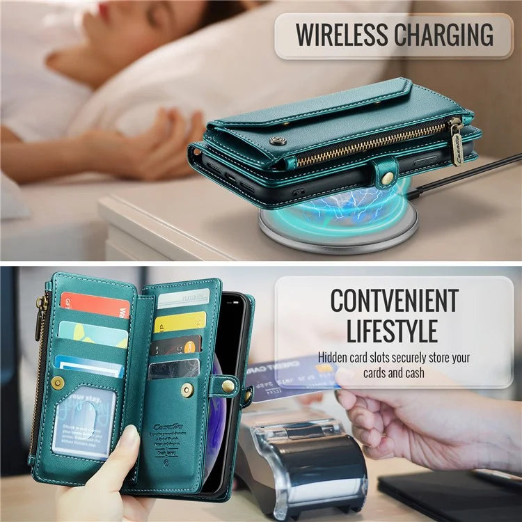 CASEME C36 Series For iPhone XS Max Case Zipper Pocket Folio PU Leather Phone Cover with 10 Card Slots