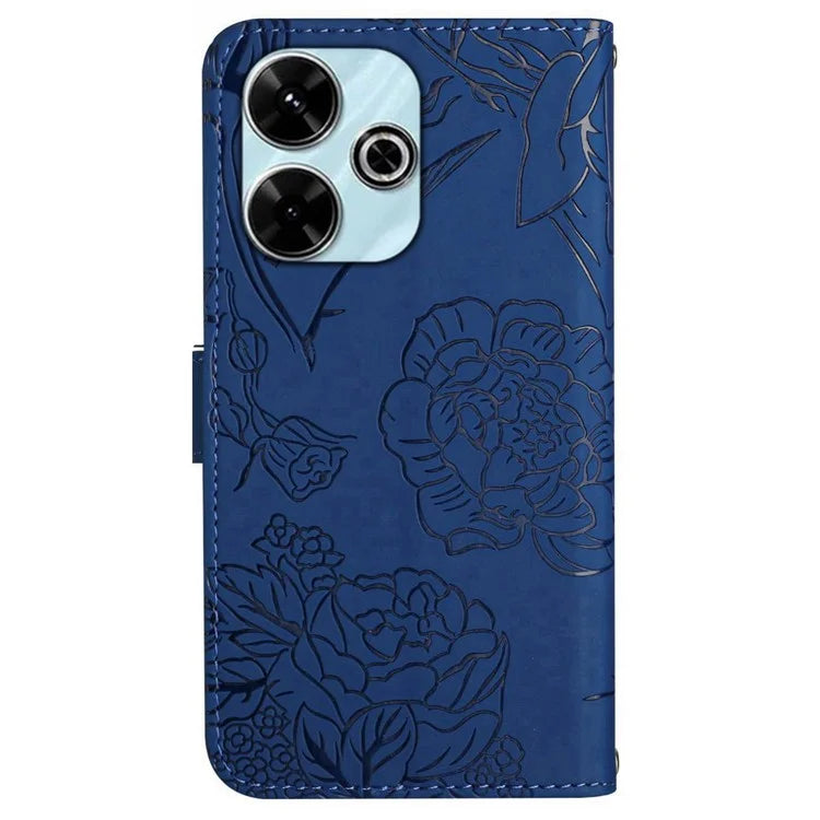 HT03 For Xiaomi Redmi 13 4G Case Floral Butterfly PU Leather Phone Cover with Hand Strap