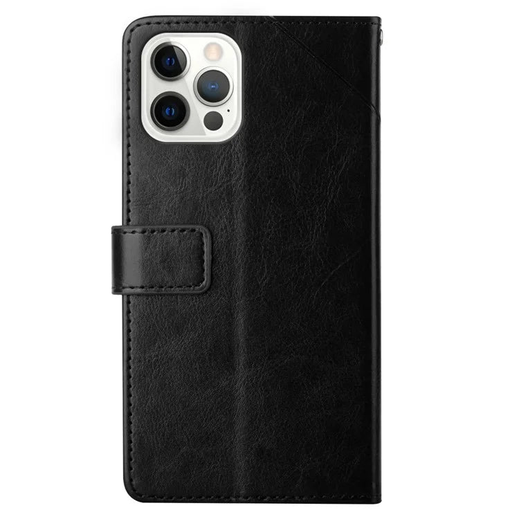 HT01 For iPhone 16 Pro Max Case Y-Shaped Lines PU Leather Wrist Strap Phone Cover