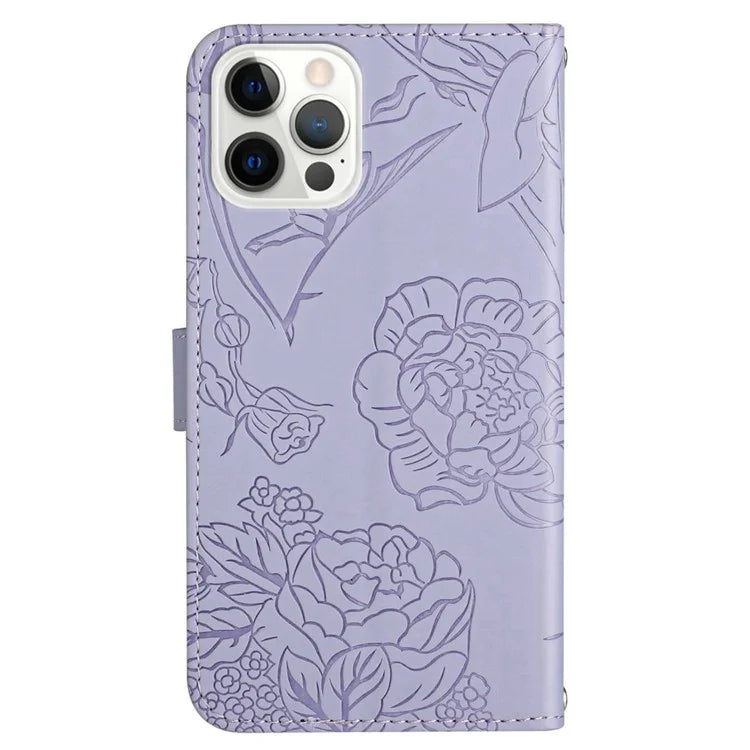 HT03 For iPhone 16 Pro Max Case PU Leather Phone Cover Butterfly Flower Imprinted