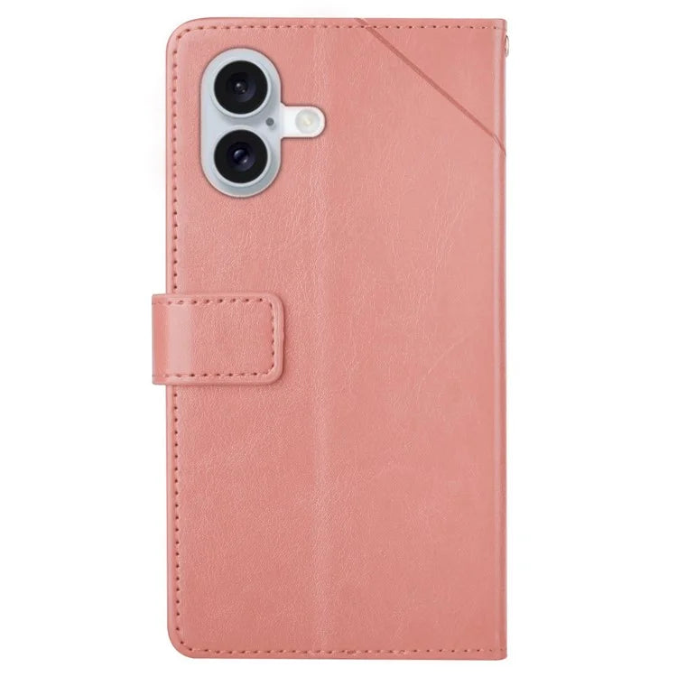 HT01 For iPhone 16 Plus Case Flip Leather Wallet Phone Cover with Y-Shaped Lines