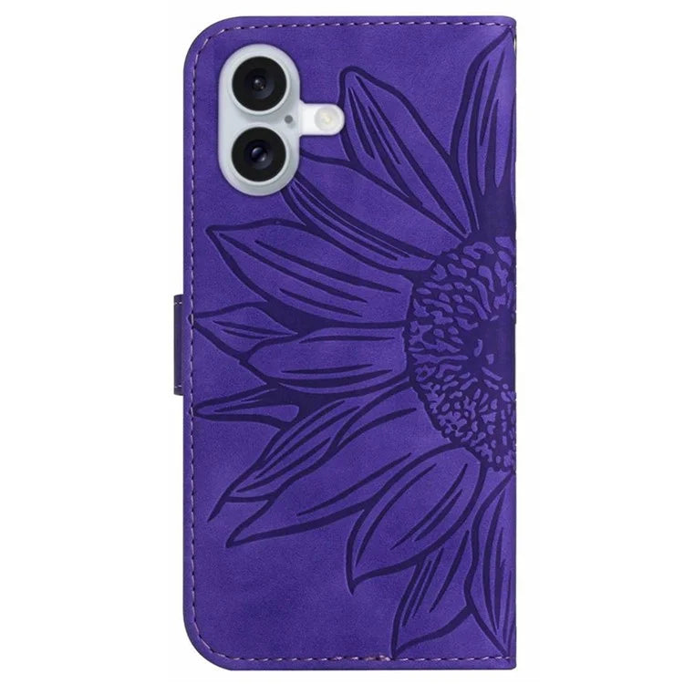 HT04 For iPhone 16 Case Sunflower Imprint Leather Wallet Phone Cover with Hand Strap