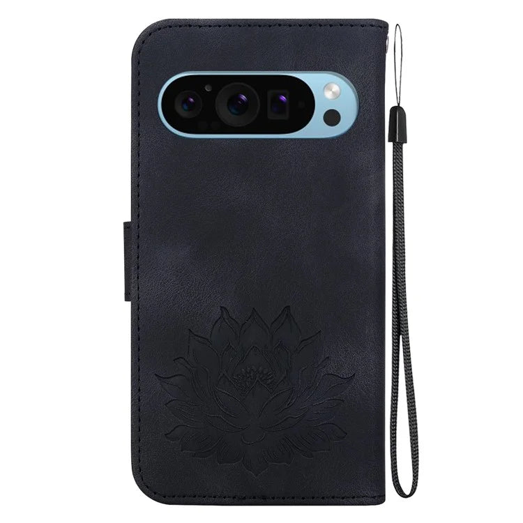 For Google Pixel 9 / 9 Pro Case Lotus Pattern Leather Phone Cover Stand View