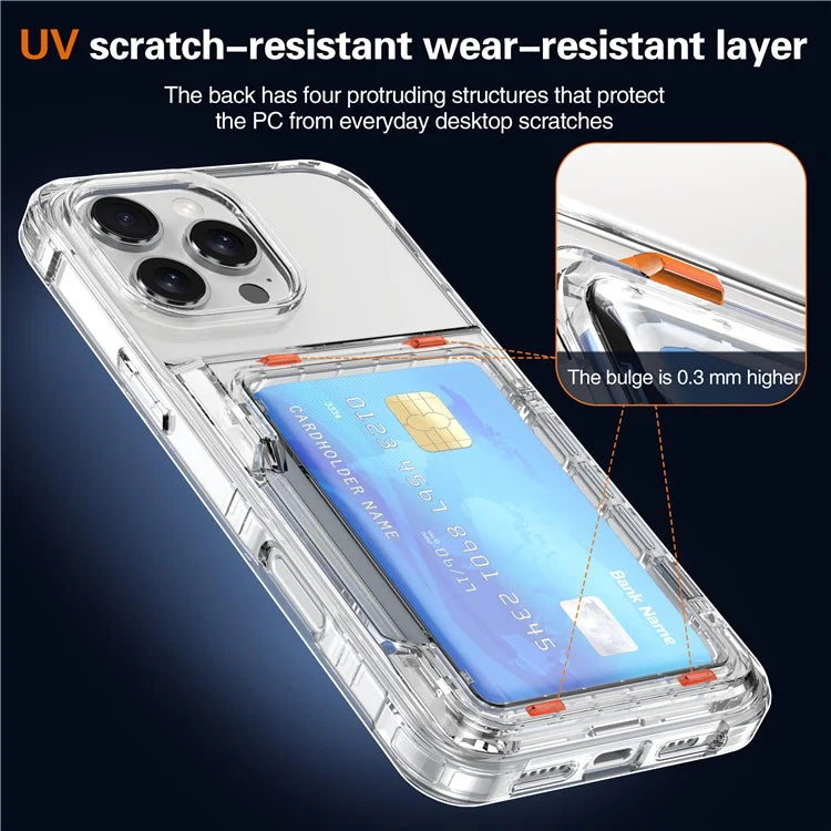 For iPhone 16 Pro Max Clear Case PC+TPU Phone Cover Card Holder Kickstand Black