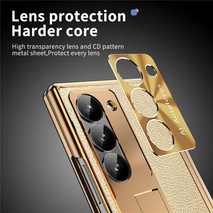 For Samsung Galaxy Z Fold6 5G Case Hinge Protection PU+PC Phone Cover with Stylus / Gold