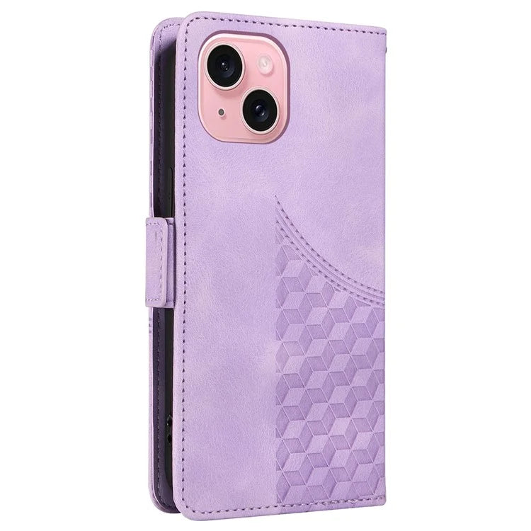 For iPhone 15 Case PU Leather Rhombus Starry Phone Wallet Cover