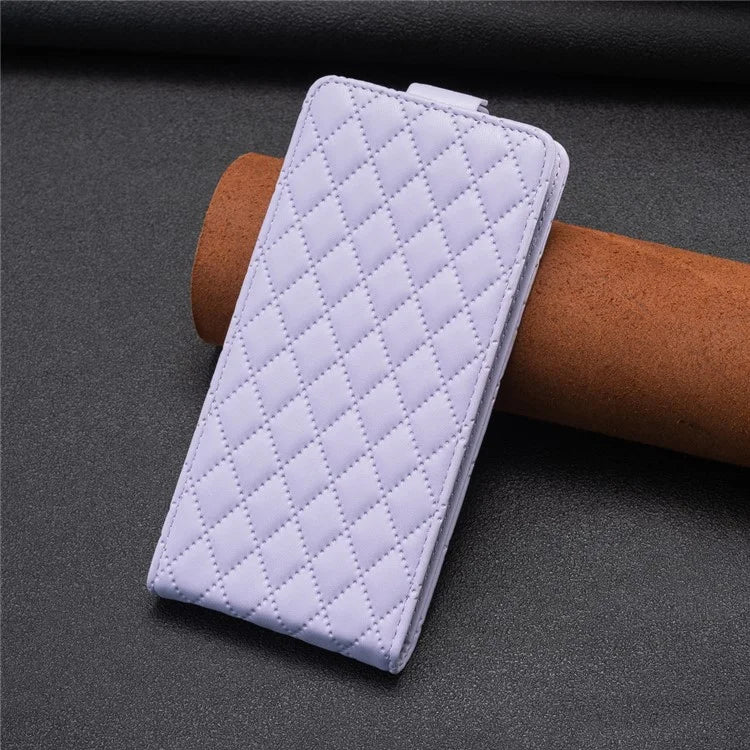 BF30 For iPhone 16 Vertical Flip Phone Case Rhombus Grid PU Leather Cell Phone Stand Cover