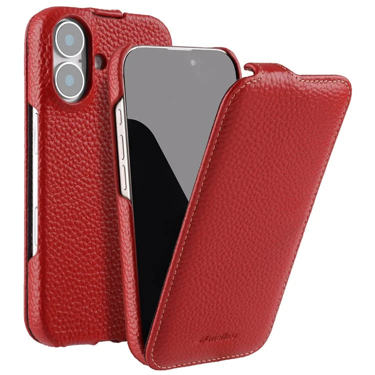 MELKCO For iPhone 16 Plus Magnetic Case Vertical Flip Genuine Cow Leather+PC Shockproof Cover