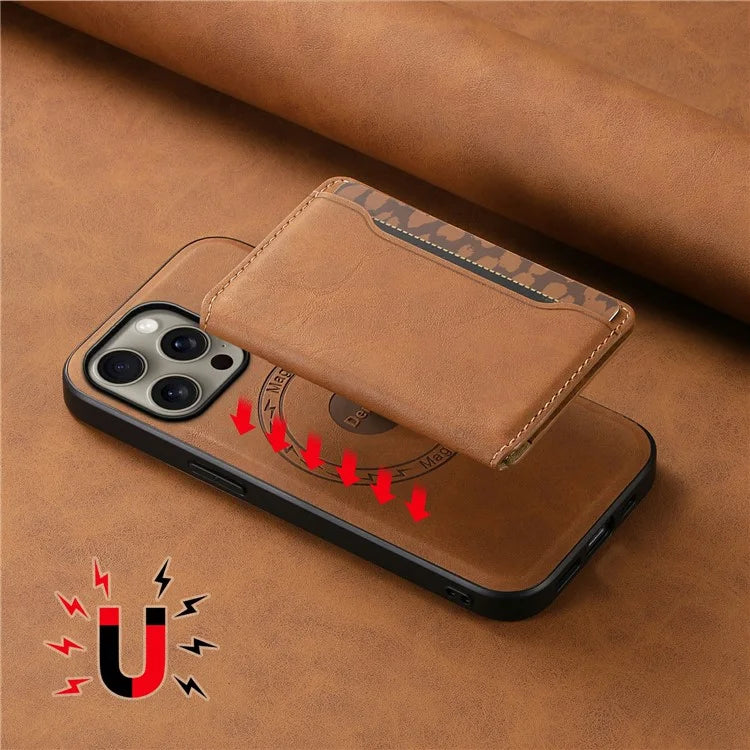 DENIOR D13 For iPhone 16 Pro Max Magnetic Case Leather Phone Back Cover Card Holder