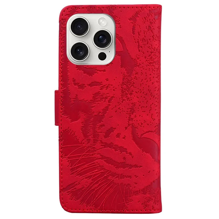 For iPhone 16 Pro Case Tiger Imprint Leather Shockproof Wallet Phone Cover