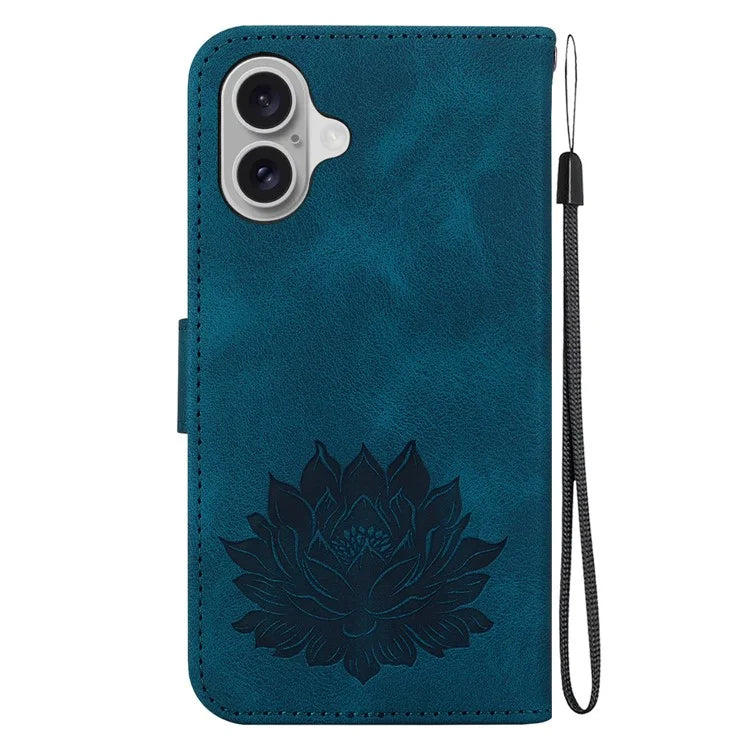 For iPhone 16 Phone Case Lotus Imprint Leather Stand Wallet Cover