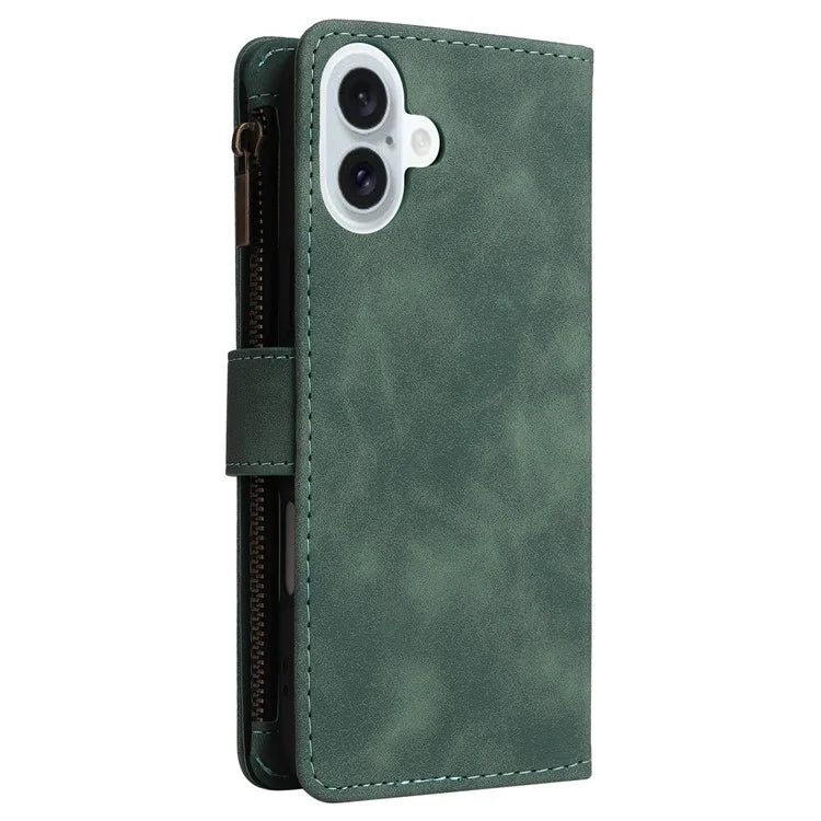 For iPhone 16 Plus Case Zipper Pocket PU Leather Wallet Phone Stand Cover with Strap