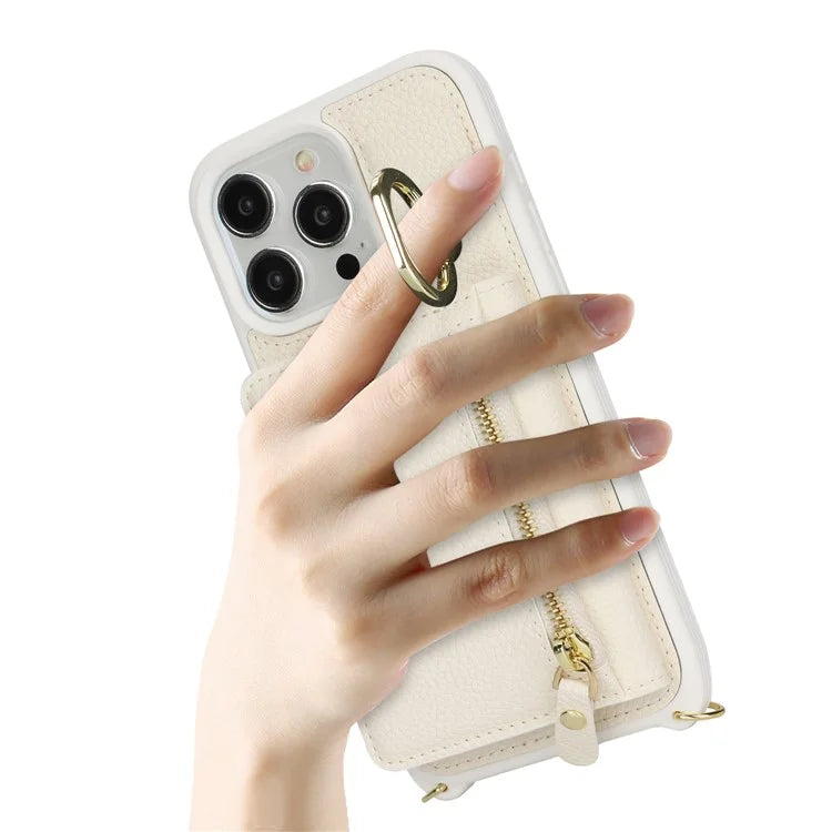 For iPhone 15 Pro Max Case Card Bag PU Leather+TPU Ring Kickstand Phone Cover with Long Strap