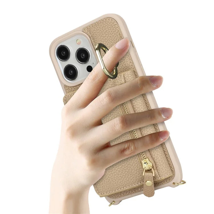 For iPhone 13 Pro Case Zipper Pocket Ring Kickstand PU Leather+TPU Phone Cover with Long Strap