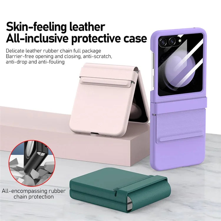 For Samsung Galaxy Z Flip5 5G Case Hinge Protection Leather+PC Phone Cover with Rear Screen Film